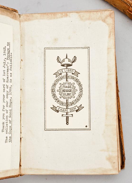 BOK, 2 vol, "A voyage to The Cape of Good Hope...round the world..." av A. Sparrman, Perth 1789.