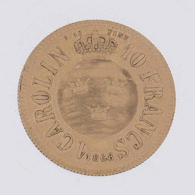 A Swedish 1 Carolin / 10 Francs in gold, with the Swedish and Norwegian King Karl XV, 1868.