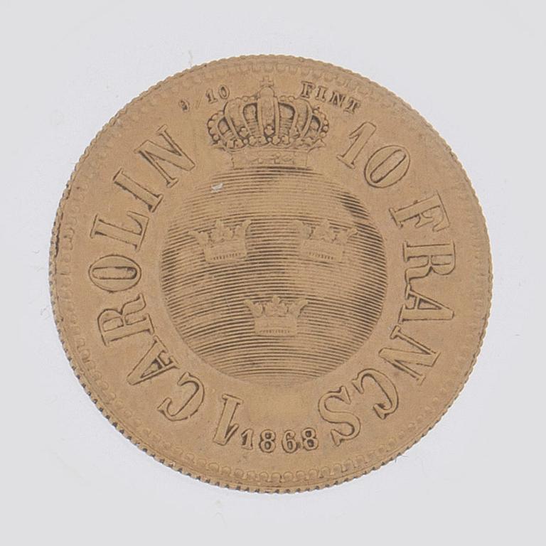 GULDMYNT, 1 Carolin / 10 Francs, Karl XV, Sverige och Norge 1868. Vikt ca 3 gram.