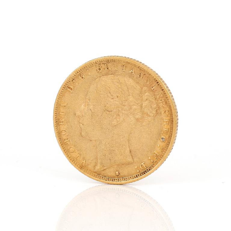 GULDMYNT, sovereign, Victoria, Storbrittannien 1883. Vikt ca 7 g.