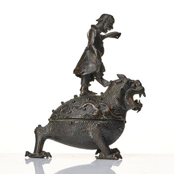 A bronze censer and cover in the shape of  Liu Haichan on the three legged toad, Qing dynasty.