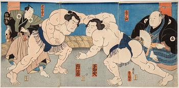 UTAGAWA KUNISADA (Toyokuni III)(1786-1864), triptych, color woodblock print. Japan, 1860s. 'Shiranui vs Jimmaku'.