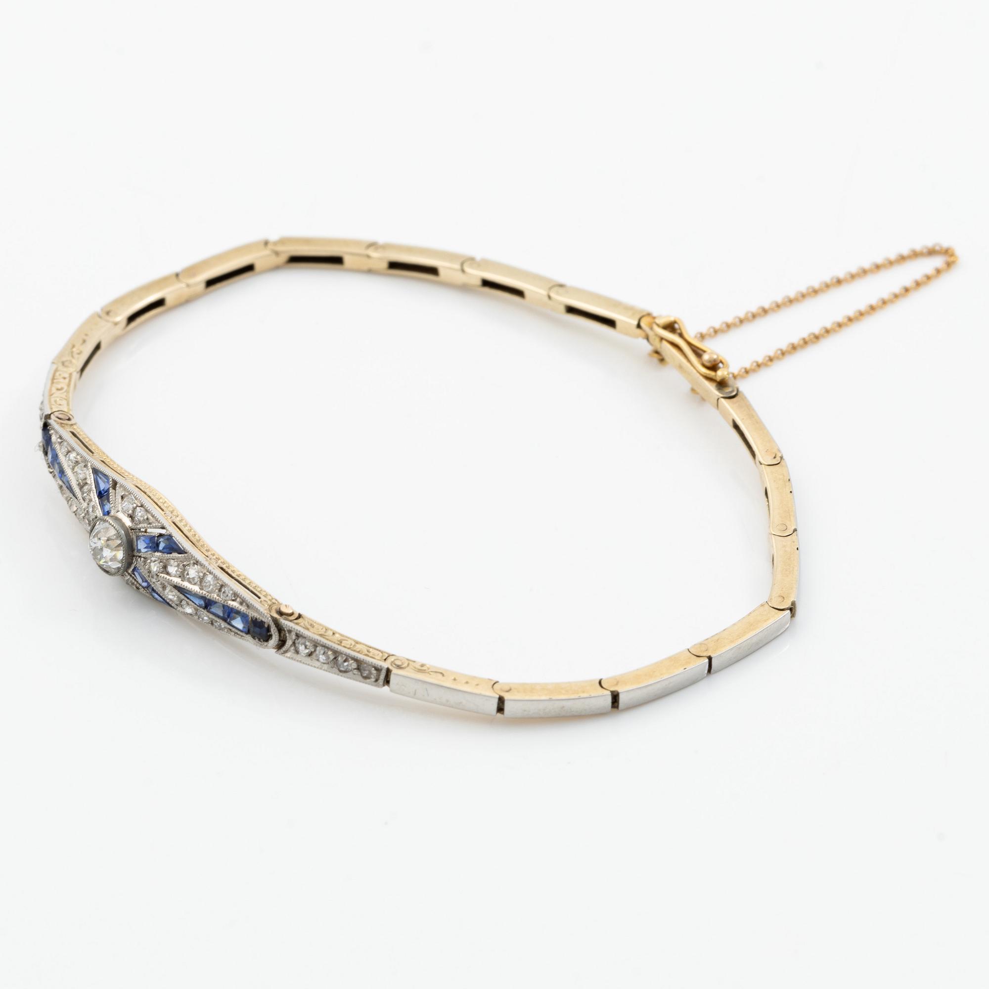 Armband 14K guld och platina med gammalslipade diamanter och safirer, art déco.