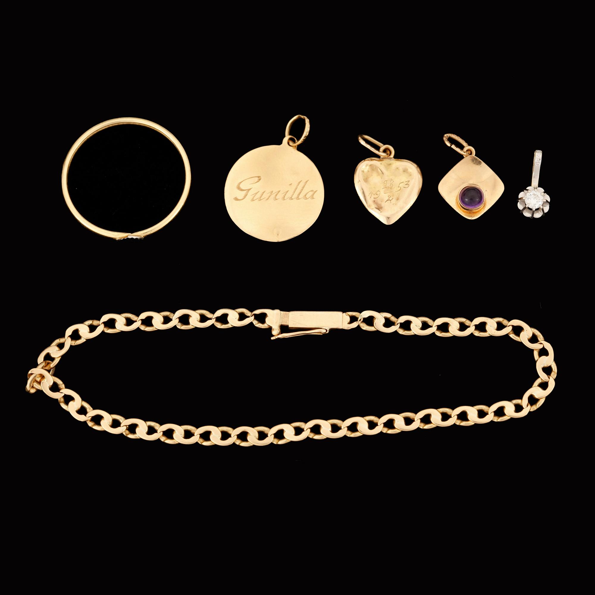 PARTI SMYCKEN, 6 st, 18k samt 14k guld, total vikt ca 8 gram.
