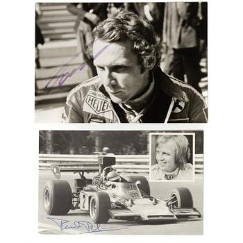 Two autographs, Ronnie Peterson and Niki Lauda.