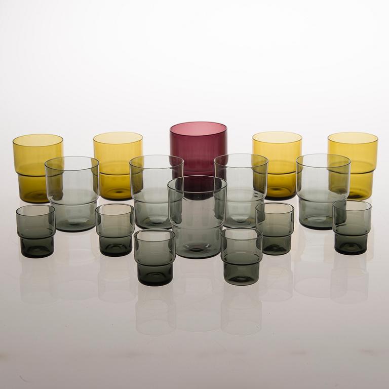 A set of 16 model 1718 stackable glasses, manufactured by Nuutajärvi, Finland. Designed in 1952.