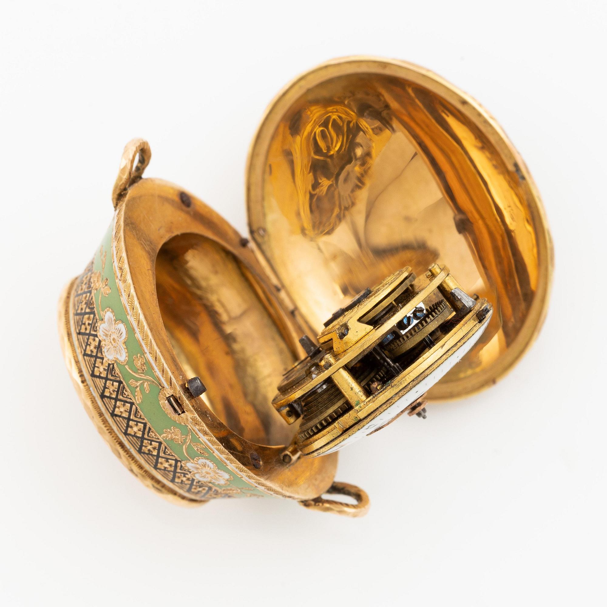 Fickur i form av korg, guld och emalj, Genève, Schweiz, tidigt 1800-tal.