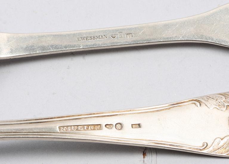 PARTI BESTICK, 6 udda delar, silver, bla N. Juhlin, Karlshamn 1800-talets mitt.