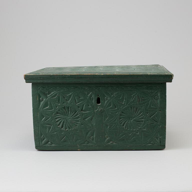 A SWEDISH WOODEN BOX, probably Västergötland, second half of the 18th century.