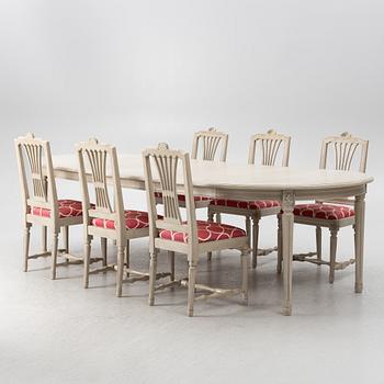 Dining table with 6 chairs, Gustavian style, K.A Roos, Helsingborg, second half of the 20th century.