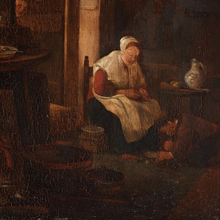 Thomas Wyck Circle of, Kitchen interior with mother and child.