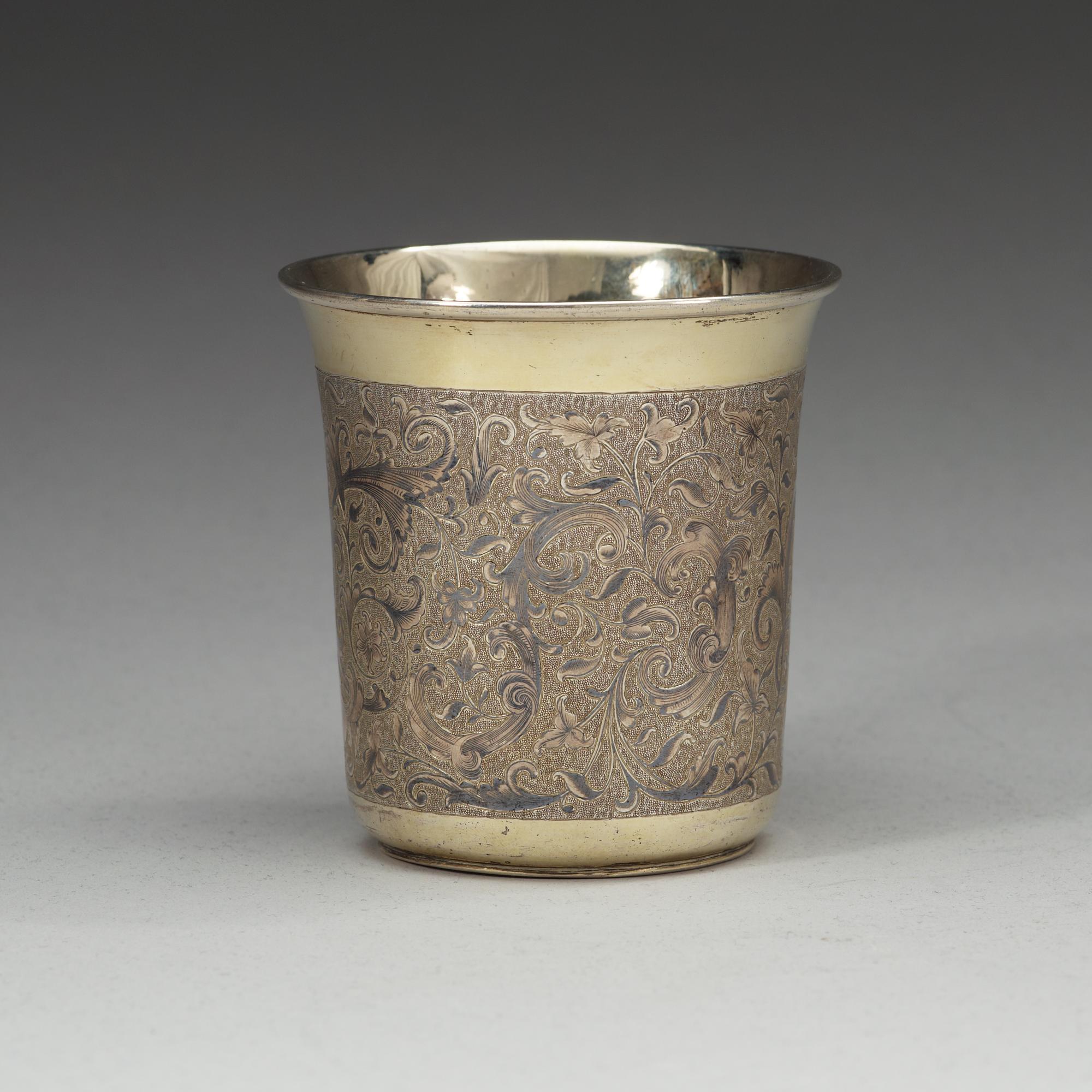 A Russian 19th century silver-gilt and niello beaker, unidentified makers mark, Moscow 1850's.