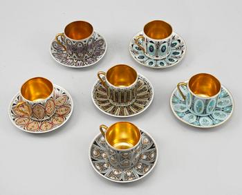 KOPPAR, 6 st, porslin, Arabia, Finland, 1950/60-tal.
