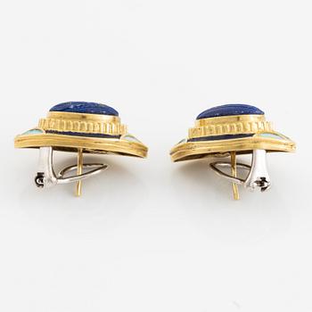 A pair of earrings in 18K gold with lapis lazuli and enamel.