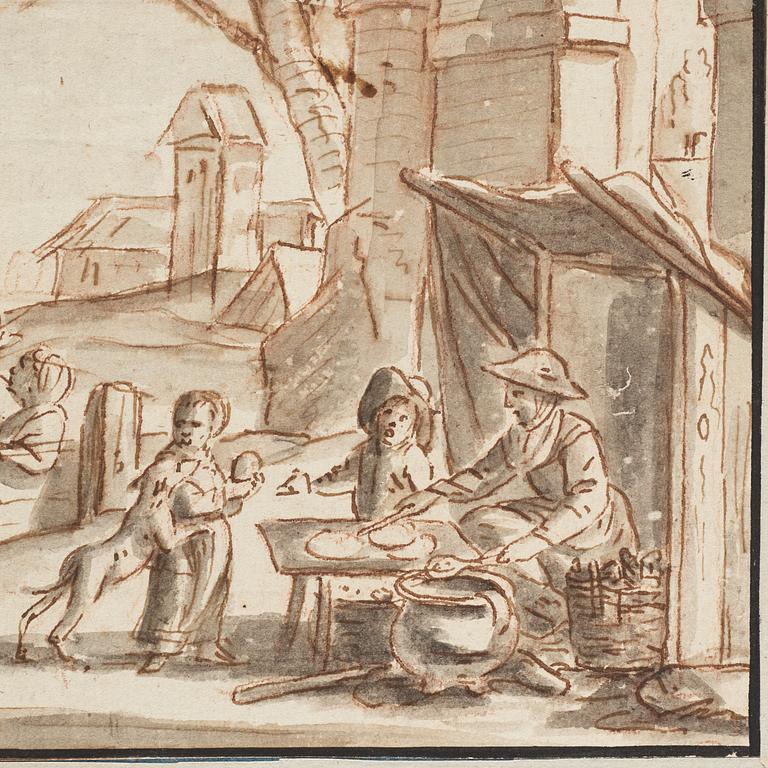 Mathys Schoevaerdts Circle of, Skaters near a Bakery and Townsfolk near a Fish Stall.