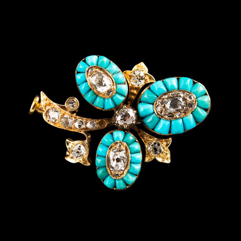BROSCH, 18K guld, antikslipade diamanter ca 1,20 ct, turkoser.  Mellaneuropa 18/1900-tal. Vikt 7 g.