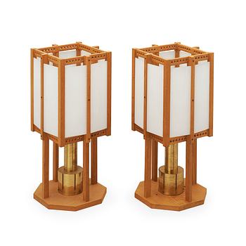 487. A pair of John Kandell oak and yellow metal luminaires, 1950's.