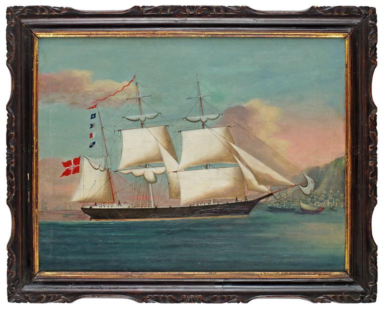 An oil painting by an Anonymous artist of a Danish Eastindiaman at Hong Kong Harbour, 19th Century.