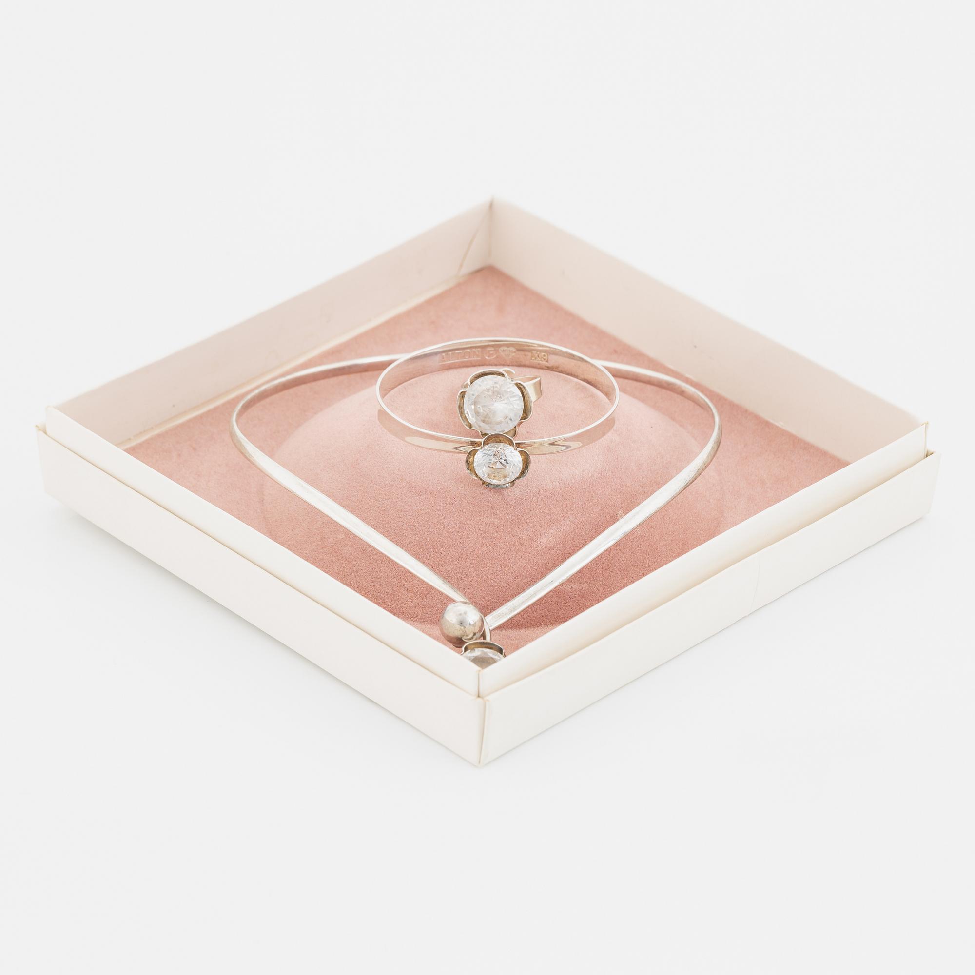 Alton, ring, bangle, necklace, silver with white synthetic spinel.