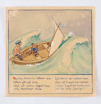 Elsa Beskow, "Lillebrors segelfärd. Bilderbok av Elsa Beskow. Med musik av Alice Tegnér".