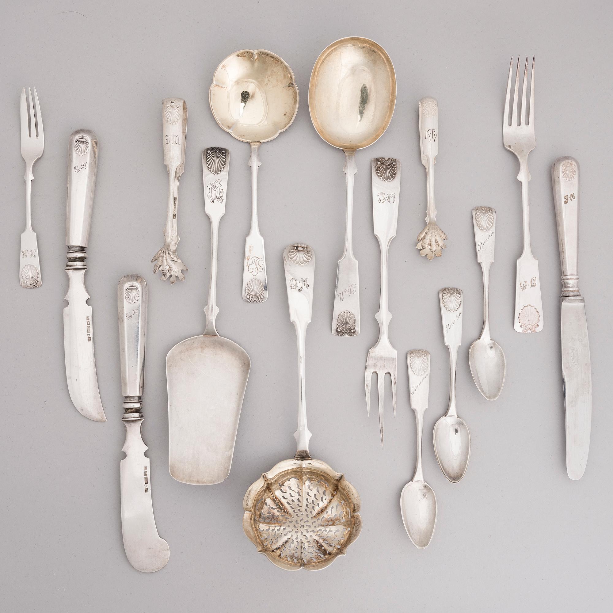 BESTICK, 48 delar, silver och nysilver, "Musslan", finska stämplar 1871-1954.