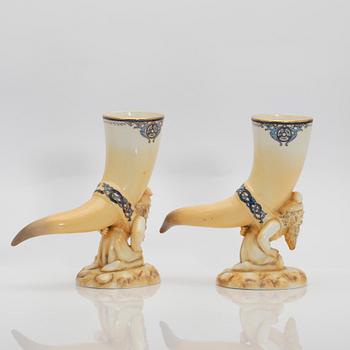 Drinking horns, a pair, porcelain, Rörstrand, circa 1900.