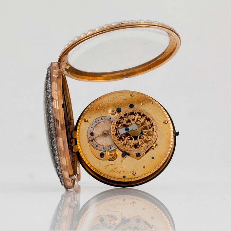 FICKUR, guld, emalj, pärlor samt pastestenar, märkt: "Breguet, Paris", sannolikt 1700-talets slut.