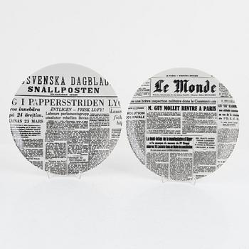 Piero Fornasetti, a set of six plates, porcelain, "Giornale", Milan, Italy.