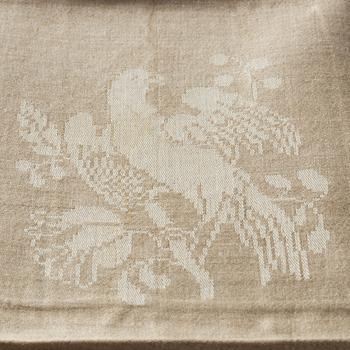 Duk och servetter, 13 st., linnedamast, "Örnarna" (Hellgrenska fågelmönstret).