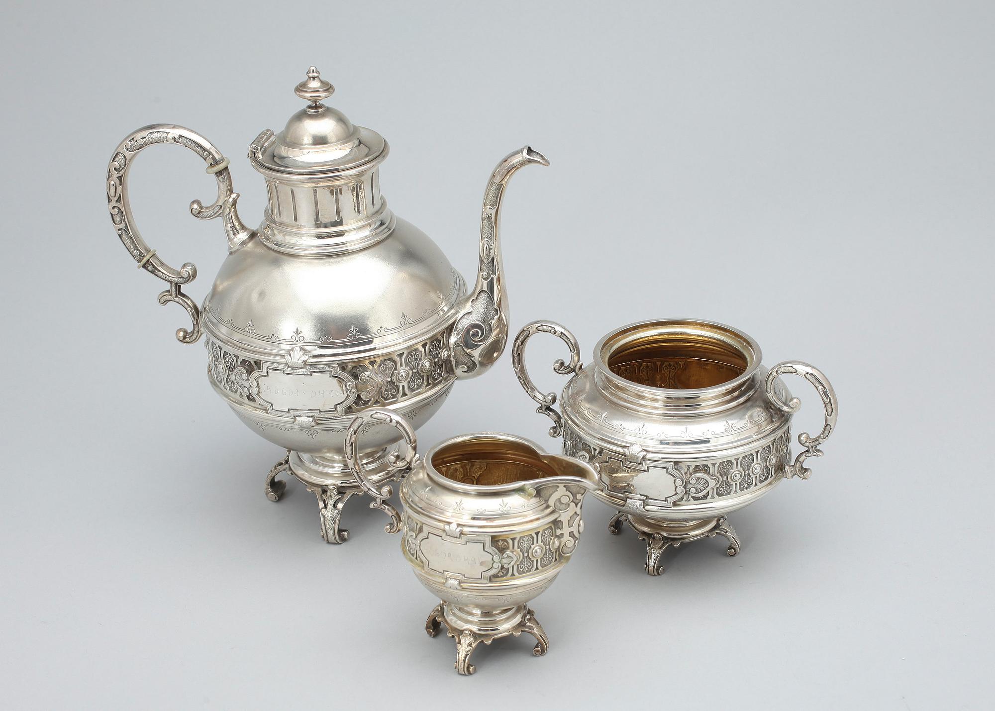 KAFFESERVIS, 3 delar silver, nyrenässans, Carl August Nilsson Malmö 1888, totalvikt ca 770 gr.