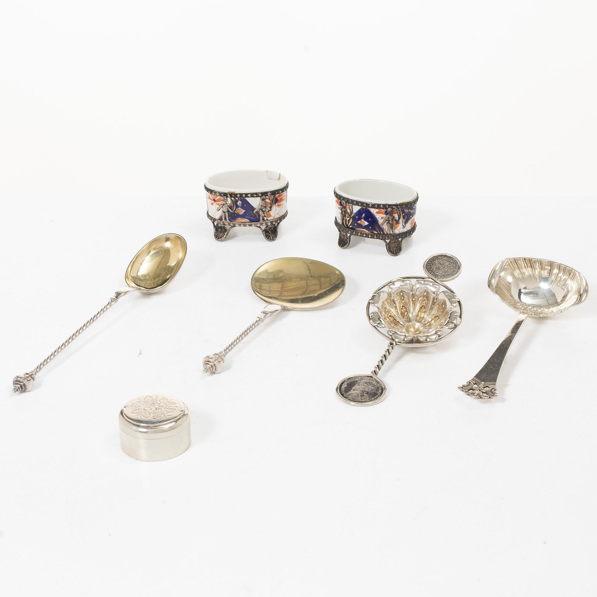 Table accessories, 7 pieces, silver, including Denmark 1880s.