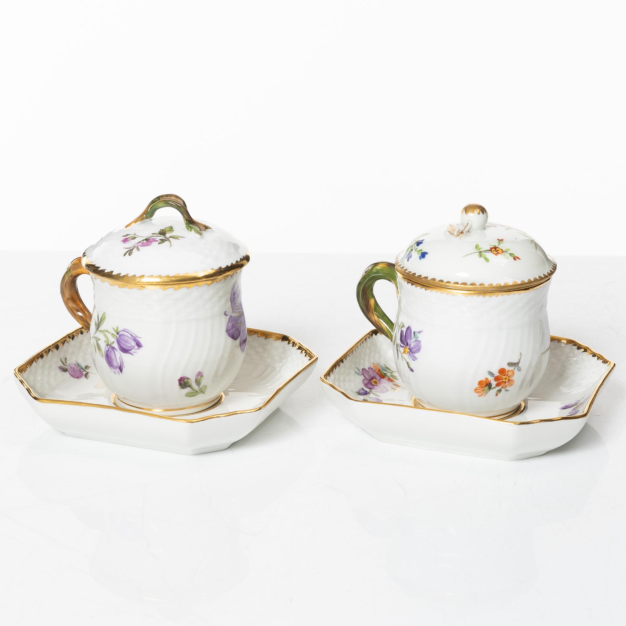 Royal Copenhagen, cremekoppar med lock och fat, 11 st, "Sachsisk Blomst", Danmark, 1951-65.