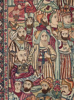 A RUG, an antique Kerman Laver figural, "the Rulers of the World", ca 234-235 x 142 cm.