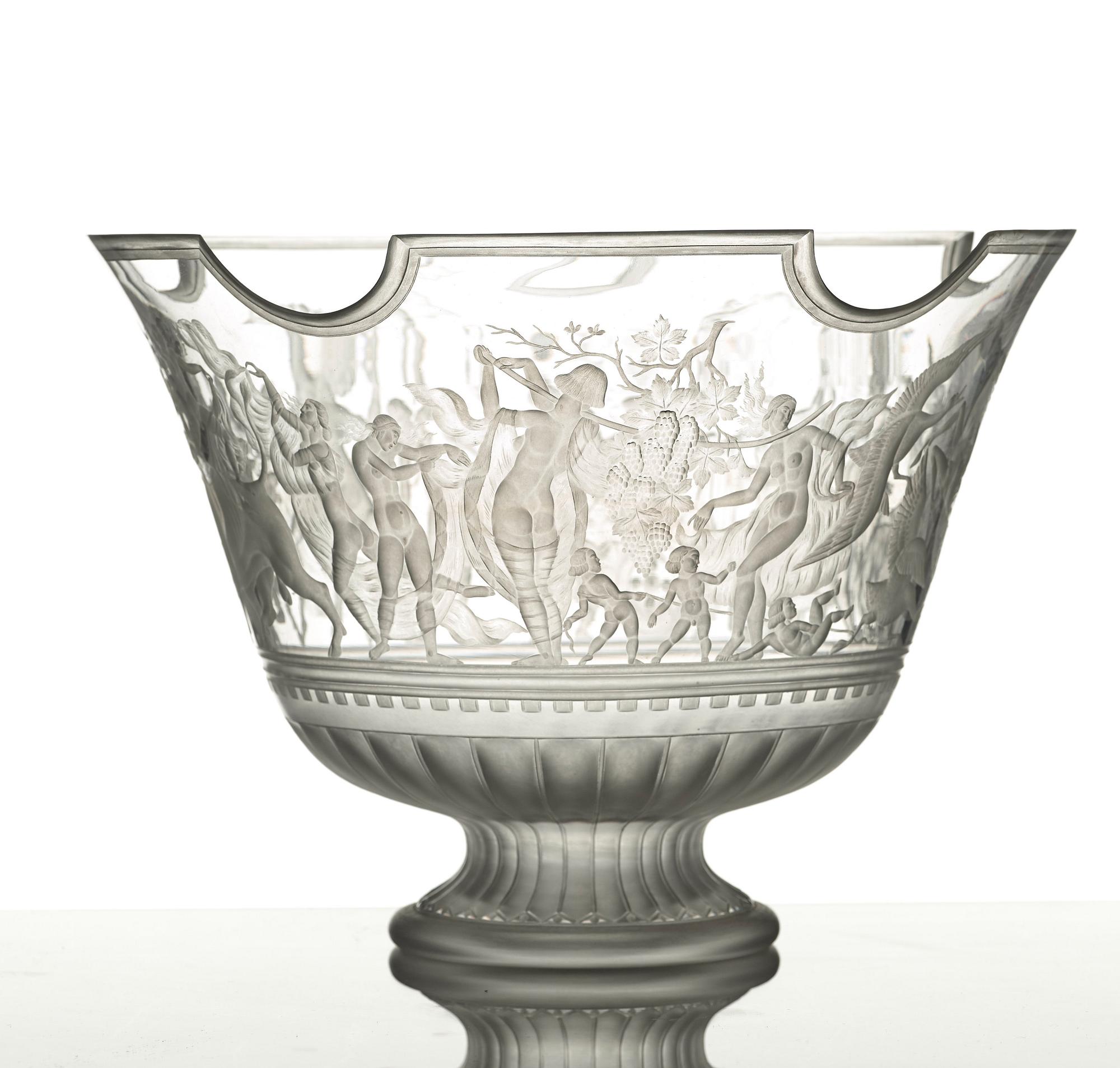 Simon Gate, a Swedish Grace engraved "Bacchus" bowl, Orrefors, Sweden 1926, engraved by Arthur Diessner.