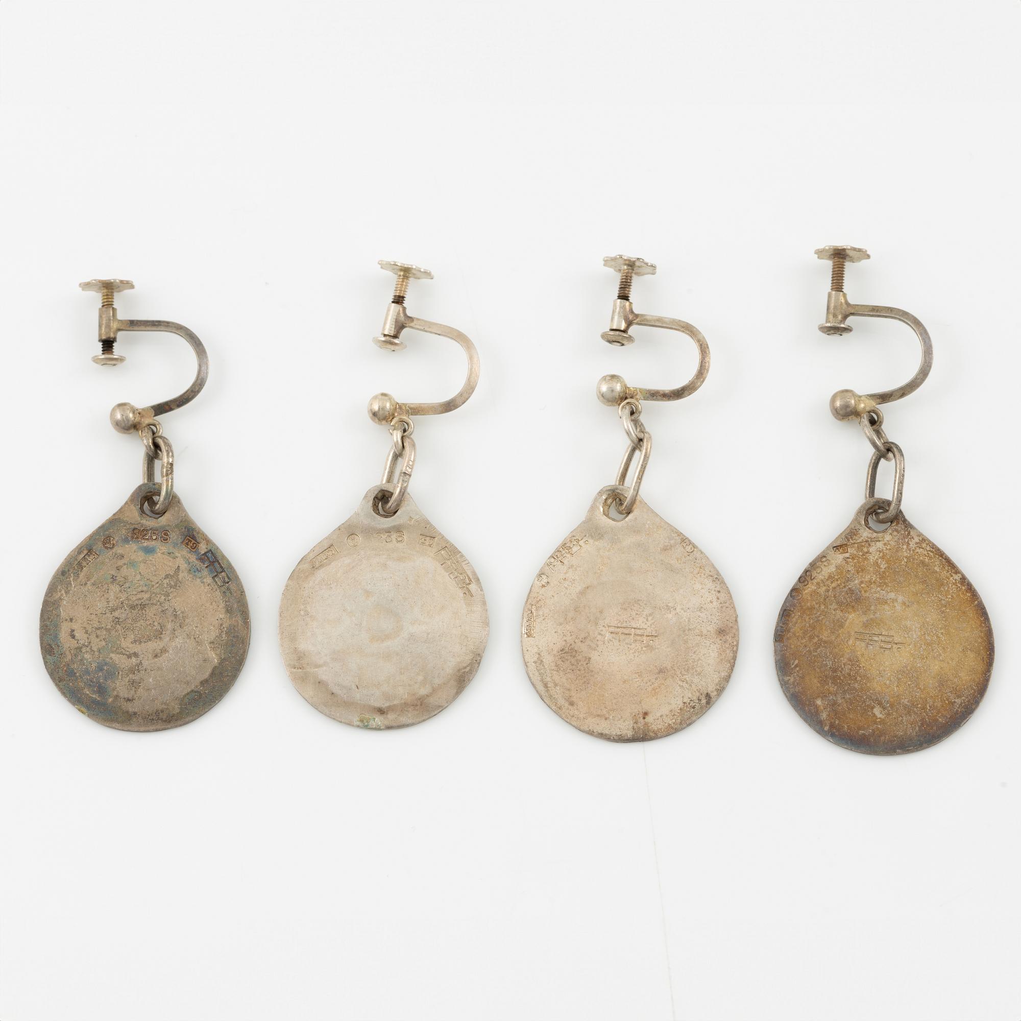 Lars Arby, three pairs of earrings, sterling silver and enamel, Gothenburg 1967 and 1969.