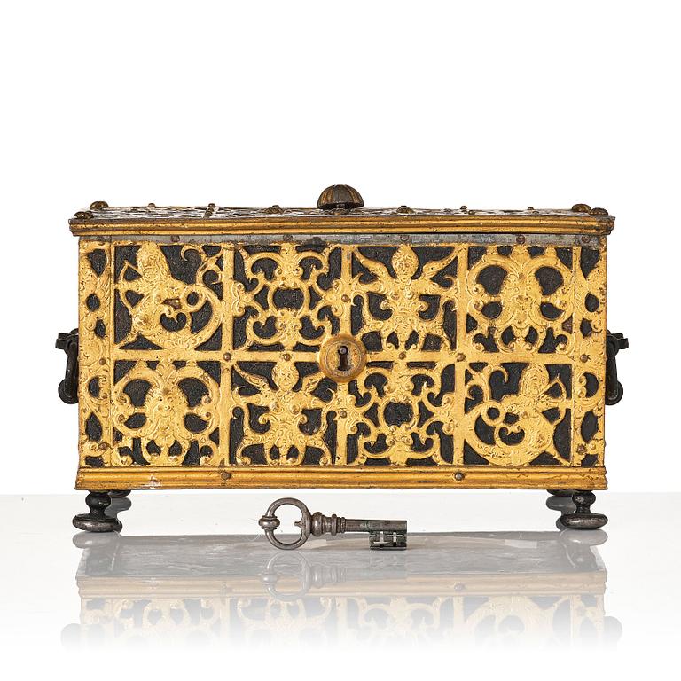 The Wrangel strongbox, a German wrought iron and steel engraved strongbox dated 1658.