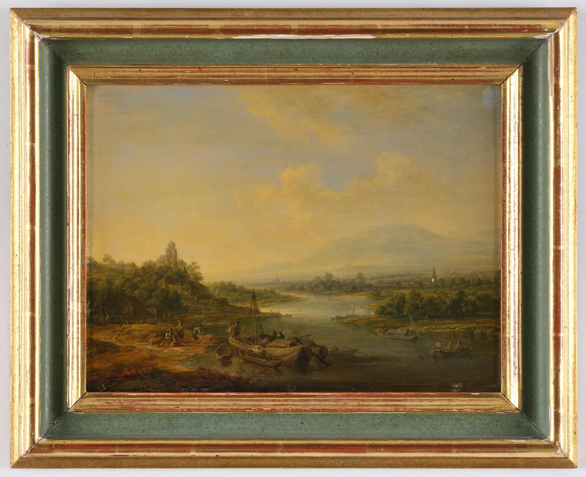 Christian Georg Schütz, Pastorala flodlandskap med figurer och båter, ett par.