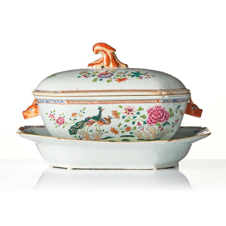 A famille rose 'double peacock' tureen with cover and stand, Qing dynasty, Qianlong (1736-95).