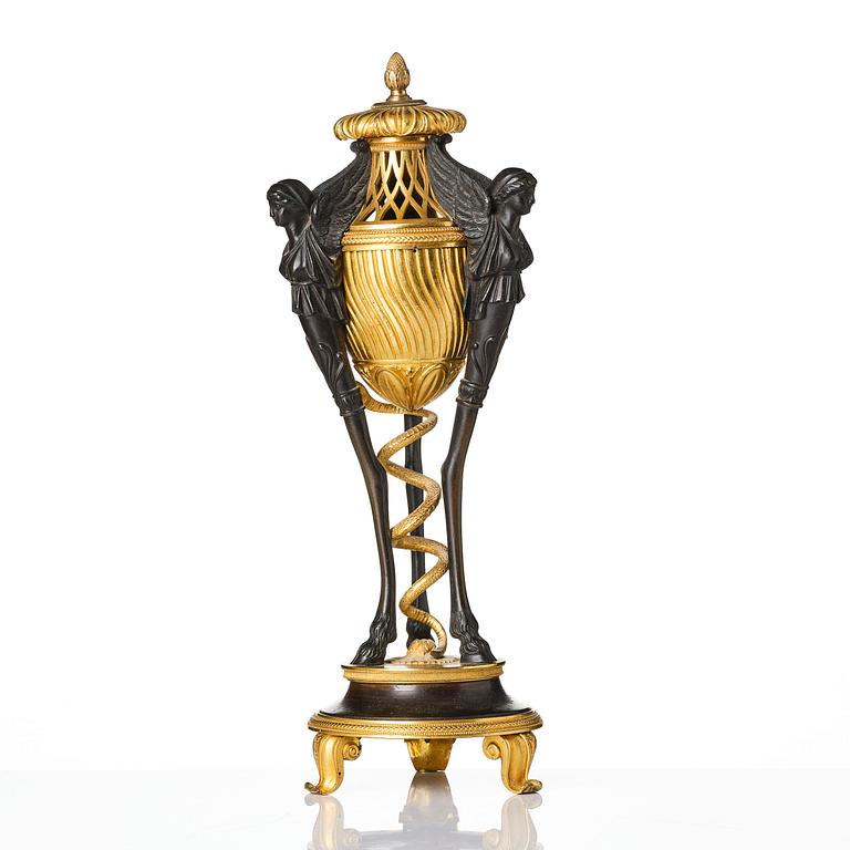 A French gilt and patinated bronze Empire-style brûle-parfum, later part 19th century.
