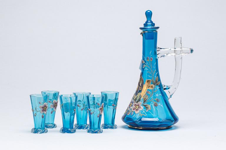 KARAFF MED GLAS, 6+1, glas. Omkring 1900.