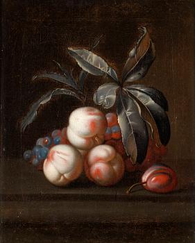 325. Simon Verelst Hans efterföljd, Stilleben med persikor, plommon och vindruvor.