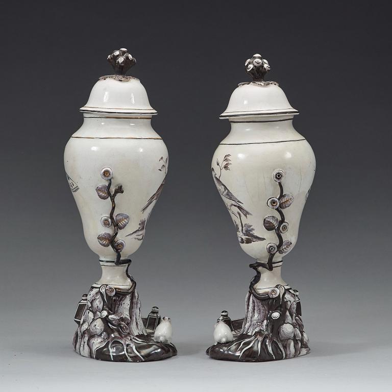 A pair of Swedish faience vases with covers, Marieberg, 18th Century.