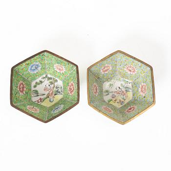 A set of six Chinese enamel on copper bowls and a dish, Qing dynasty and 20th century.