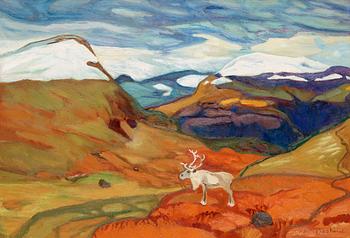 83. Helmer Osslund, Autumn landscape with reindeer.