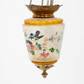 An art noveau glass and brass ceiling lamp from around the year 1900.