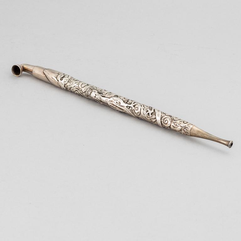 A Japanese silver opium pipe, Meiji period (1868-1912).