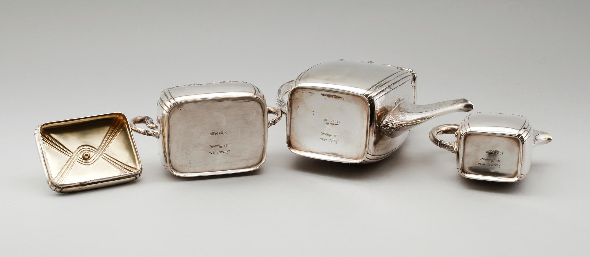 KAFFESERVIS, 3 delar, silver, 1930. Total vikt ca 1080 gram.