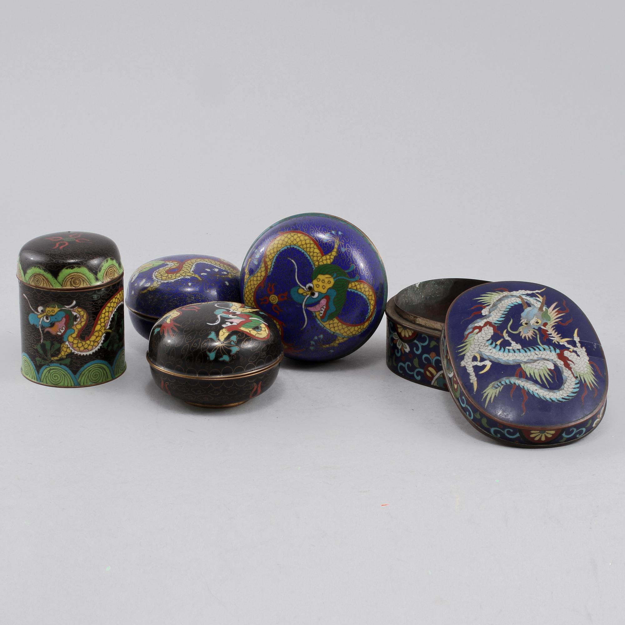 PARTI CLOISONNÉ, 5 st, orientaliska, 1900-tal.