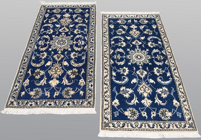 Two part silk Nain rugs, ca 136 x 70 resp 138 x 70 cm.