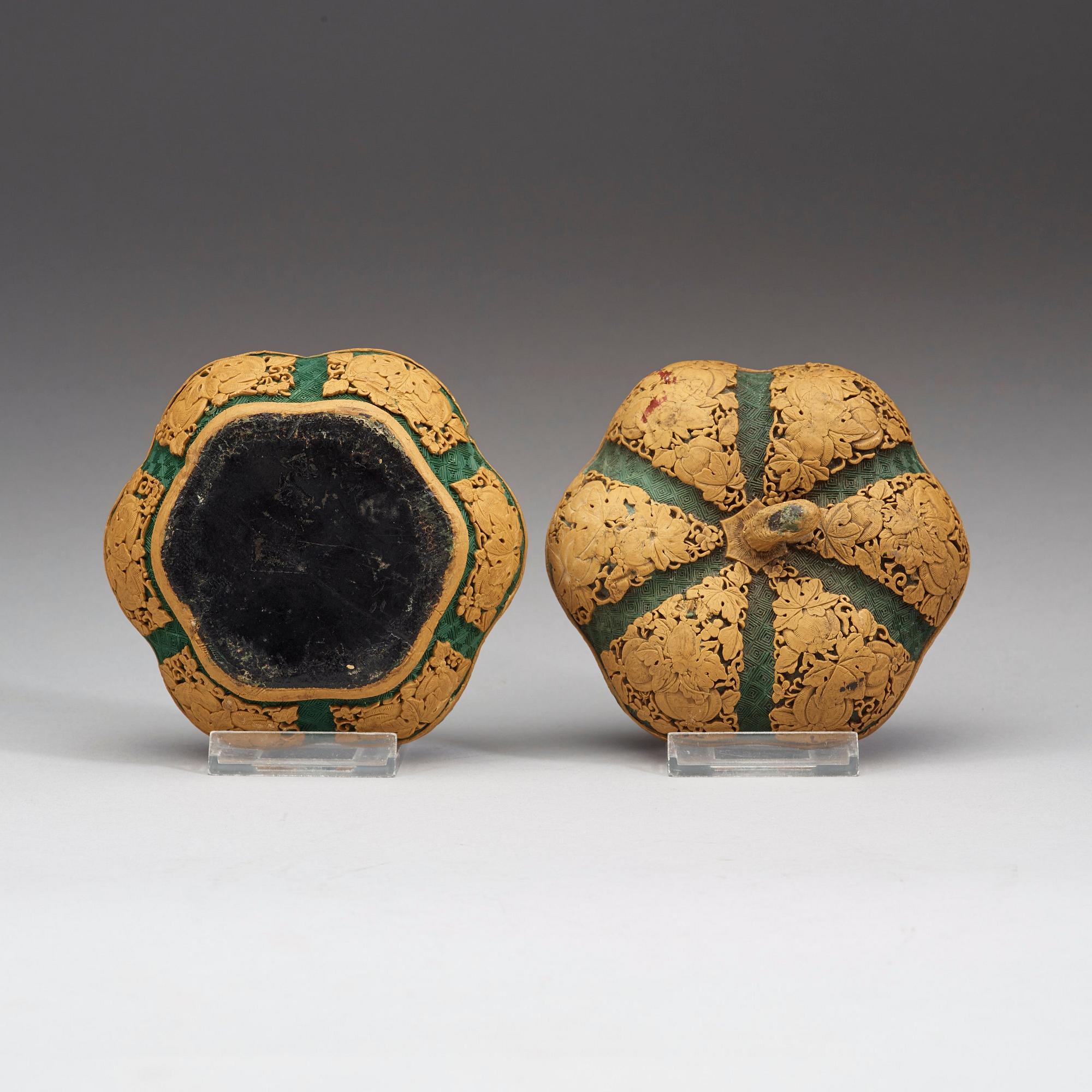 A green and yellow carved lacquer box with cover, Qing Dynasty (1644-1912).